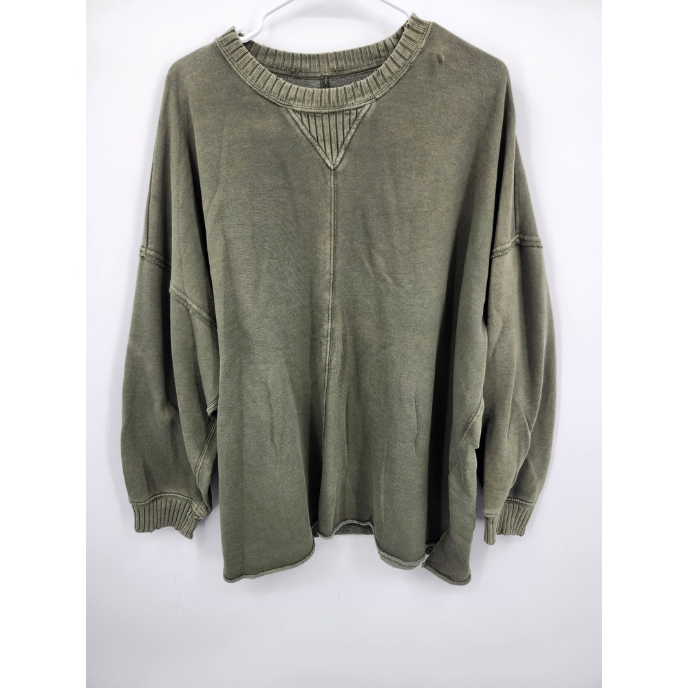 Aerie Sweatshirt Women L Green Oversized Pullover Washed Crewneck Ribbed Trim